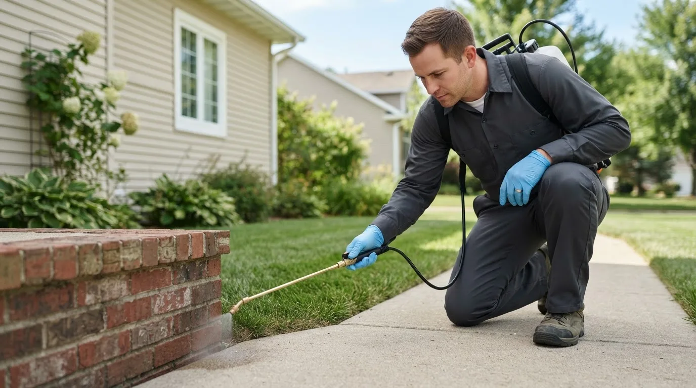 Pest control technician treating a home near New Haven, VT